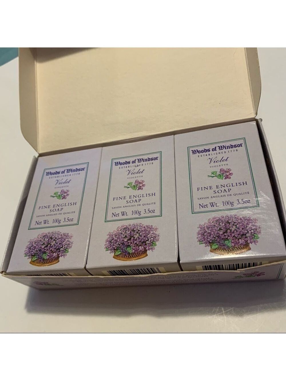 WOODS OF WINDSOR violet fine English soap three 3.5 oz. bars boxed & wrapped.